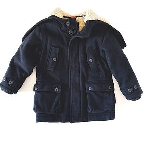 Zippered Sherpa lined hood wool coat